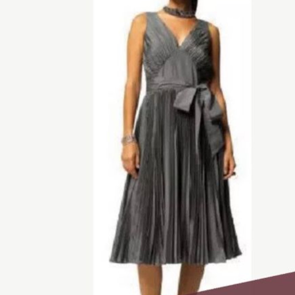 Vintage Banana Republic Pleated Taffeta Dress Silk Silver Grey Cocktail - Sz 6